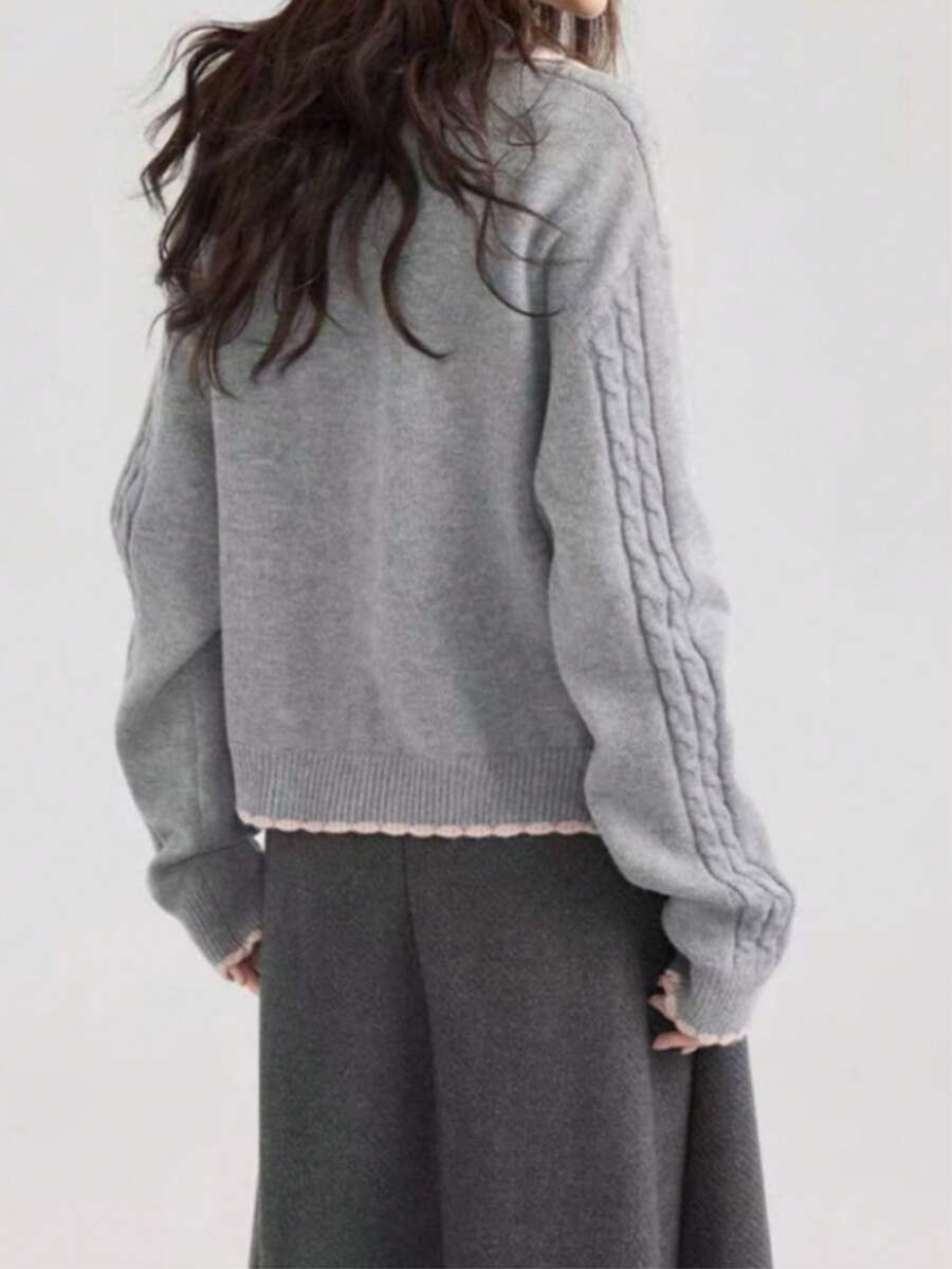 Cárdigan de mujer de longitud regular, con patrón de punto de cable, manga larga, ribete rosa, cierre con botones - Gris - Ver 1