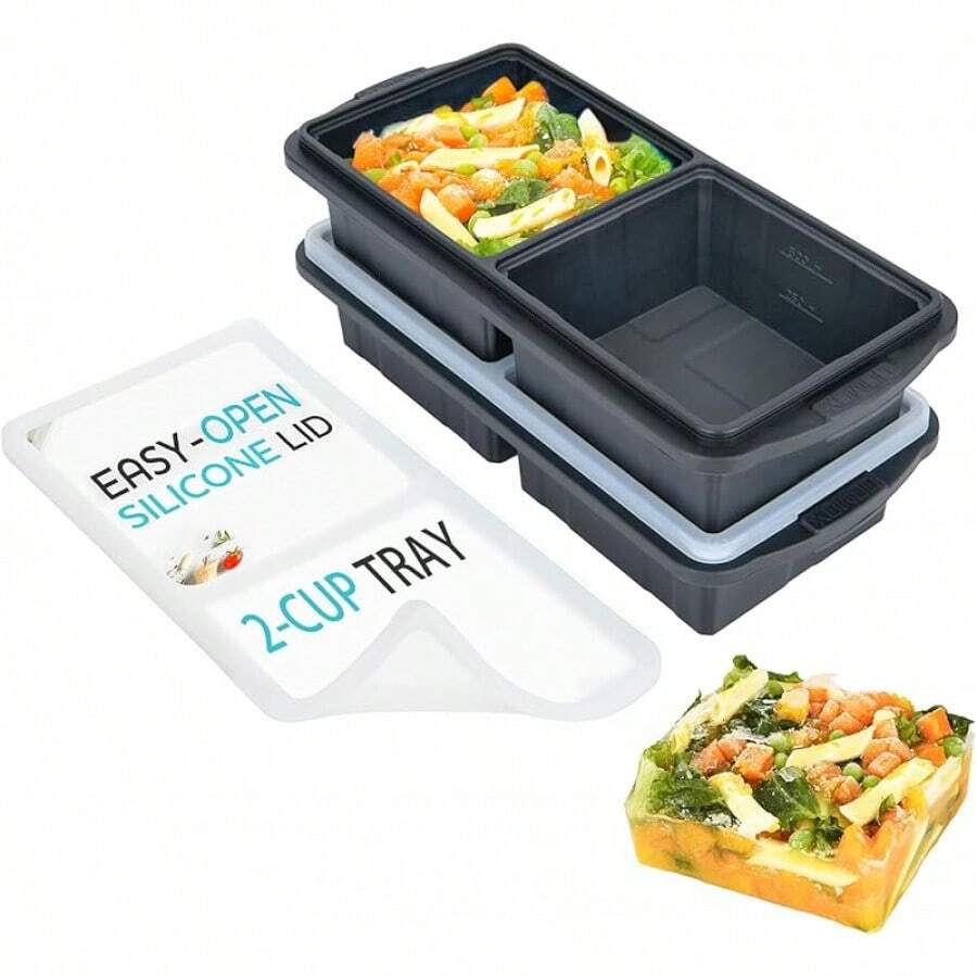 Silicone Freezer Tray With Lid - Soup Freezer Container Molds - Large Ice Cube Tray- Makes 8 Perfect 1 Cup Portions Cubes, 2-Pack Freezer Storage  Soups  Meal Prep - Oven  Dishwasher - - 2杯,灰色 - 查看 1