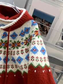 JIANHU 节日风连帽开衫，带有节日花卉和条纹针织图案，非常适合圣诞节和冬季庆祝活动 - 紅色 - 查看 8