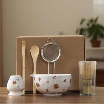 Set de 6 boluri și teluri ceramice Matcha în formă de ursuleț drăguț, set tradițional japonez pentru ceremonia ceaiului cu bol Matcha, perfect pentru prepararea Matcha Latte, cadou ideal pentru iubitorii de Matcha, potrivit pentru Crăciun, Halloween, Paște, Ziua Recunoștinței