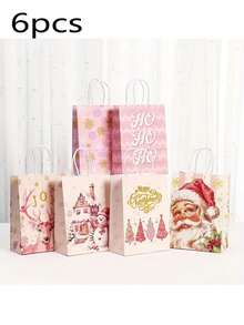 6pcs Pink Paper Gift Bags With Handles, Birthday Party Favor Bags, Decorative Wrapping For Gifts, Suitable For Parties, Holidays, Christmas, Thanksgiving, New Year