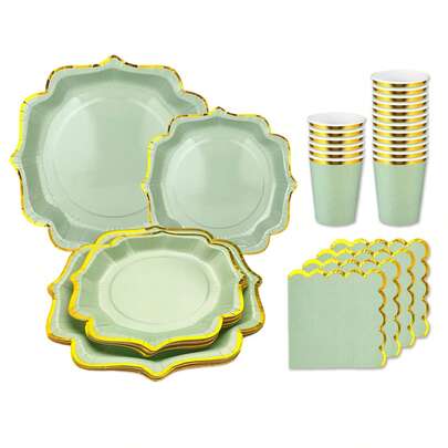 80pcs/Set Disposable Party Asymmetrical Shaped Gold Foil Tableware Set, Includes Green Gold Foil Asymmetrical Plates, Disposable Cups, Napkins, Suitable For Holidays, Birthdays, Gatherings