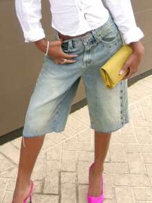 Women's Casual Denim Shorts With Beaded Pockets And Straight Leg Design, Suitable For Halloween Party - Blue - View 4