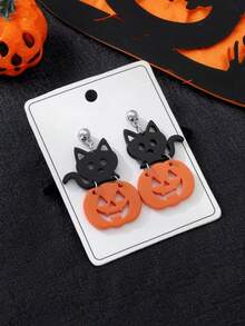 1 对女士黑猫和南瓜设计时尚珠宝耳环，节日派对装饰和佩戴（随机卡片） - 彩色 - 查看 2