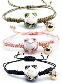 Omky Pulsera Ajustable Gatito de la Suerte| Varios Colores| Maneki Neko.| Gato de cerámica grande - NegroRosaVerde - Ver 16