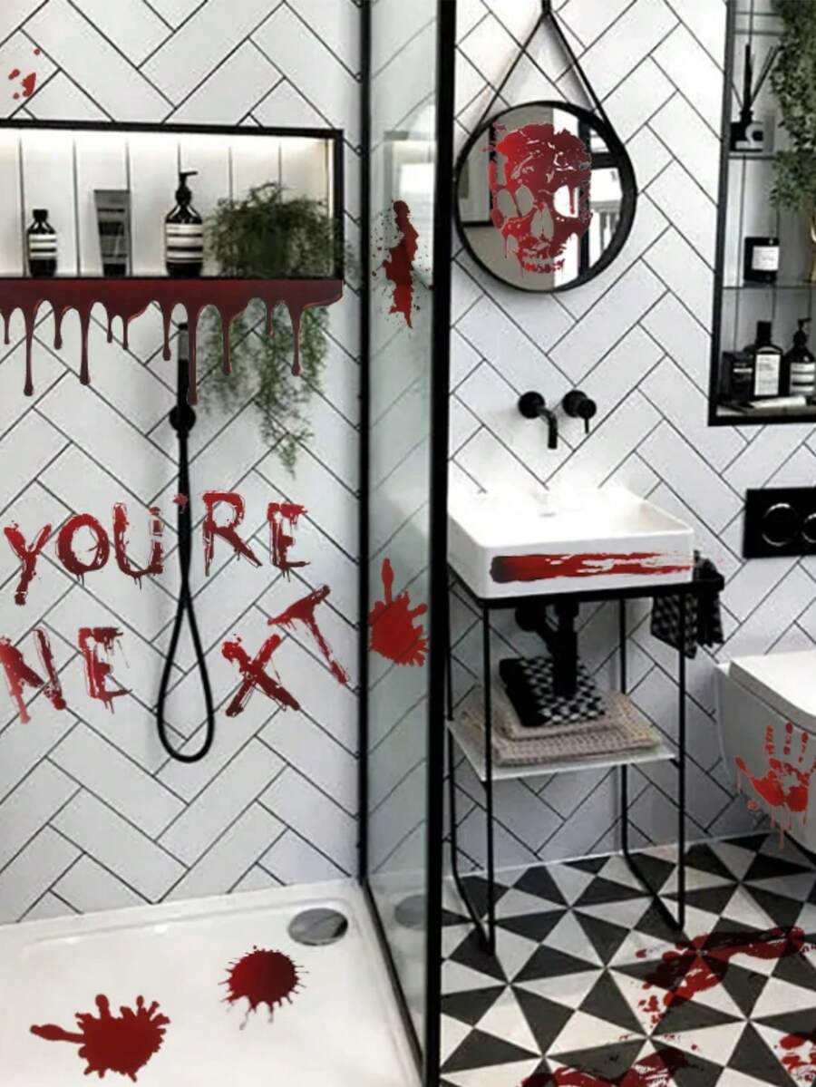 81pcs Halloween Decoration Horror Bloodstain Wall Sticker Handprint Footprint Blood Skull Window Sticker Halloween Party Horror Sticke