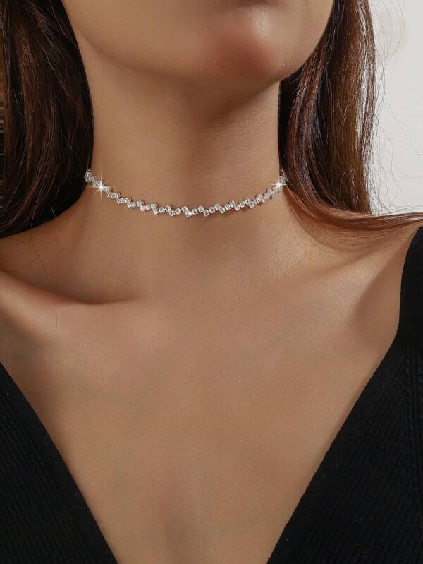 1pc Diamond Rhombus Chain Necklace, Personalized Women's Party, Wedding, Banquet Rhinestone Decorative Choker Necklace