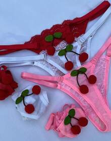 Kit 5 Cherry Thong Women's Panties Tulle With Lace - 彩色 - 查看 3