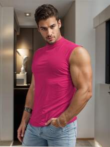Playera Ajustada de Hombros Descubiertos y Cuello de Tortuga para Hombre - Rosa Fucsia - Ver 1
