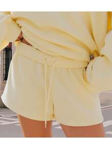 Women Athletic Shorts Loose Fit Solid Color Drawstring Sweatshorts For Yoga Running - 黃色 - 查看 2