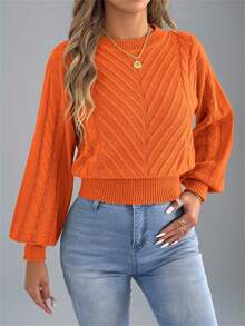 Women's Round Neck Solid Color Waist Cinched Casual Long Sleeve Pullover Sweater, Autumn/Winter