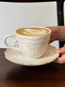 1 件浮雕木马陶瓷杯碟套装，豪华旋转木马咖啡杯，高端拿铁艺术，适用于餐厅、客厅、咖啡厅、聚会