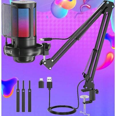 RGB Gaming Microphone With Boom Arm – 192kHz/24bit Cardioid Mic | Mute Button & Volume Control | Zero-Latency 3.5mm Monitoring | Plug & Play For PC//Mobile | Includes Pop Filter & USB-C Adapter
