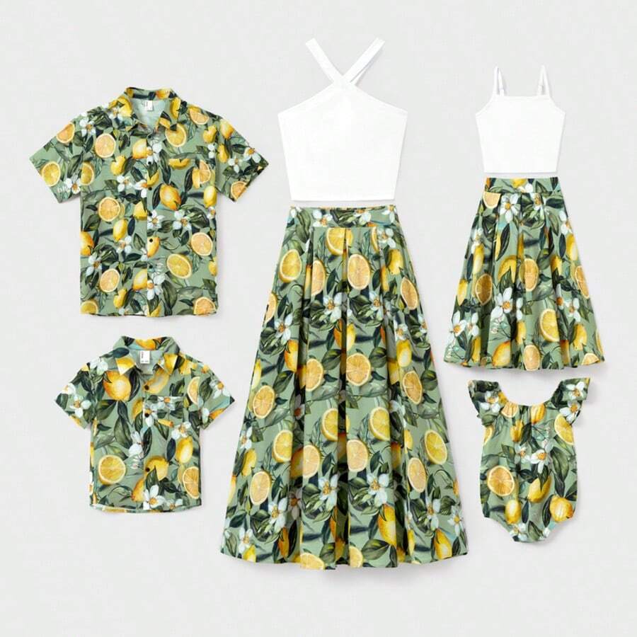 PatPat Matching Family Outfits – Lemon Print Hawaiian Shirts & Summer Dresses – Tropical Vacation Clothes For Men, Women & Kids - 綠色 - 查看 1