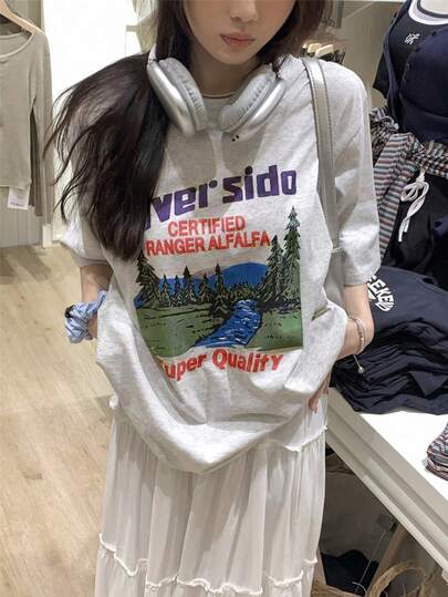 早春韓版新款印花寬鬆通勤百搭薄短袖上衣