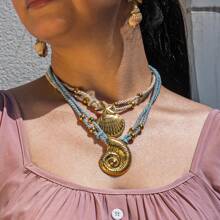 1pc Multi-Layer Colorful Thick Rope Starfish & Seashell Stainless Steel Necklace, Suitable For Women's Daily Vacation Wear