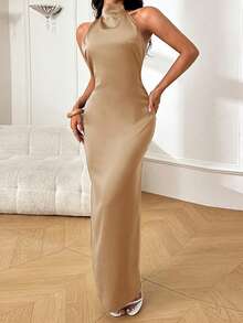 WOWDARK 香槟色缎面露背吊带优雅派对礼服，适合情人节、约会、聚会、派对、旅行、度假、海滩等场合，也适合婚礼等春季穿着。 - 香檳色 - 查看 3