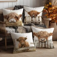 4 pièces Housses de coussin vache des highlands minimaliste, imprimées sur un seul côté en velours doux pêche, 45*45CM Housses de coussin pour la décoration intérieure, les fêtes, les cadeaux - Multicolore-4 pièces - Voir 7