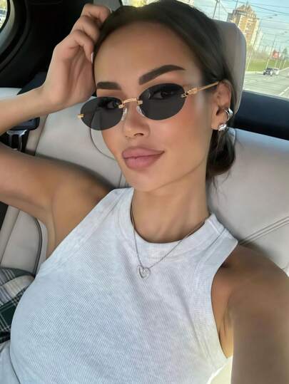 1pc Small Frameless Oval Fashion Glasses, Metal Letter Accessories, Personalized Retro , Versatile And Elegant Women's Fashion Glasses Suitable For Daily Wear, Street Photography, Vacation, Beach Accessories Preppy Style For Back To School Oval Shape