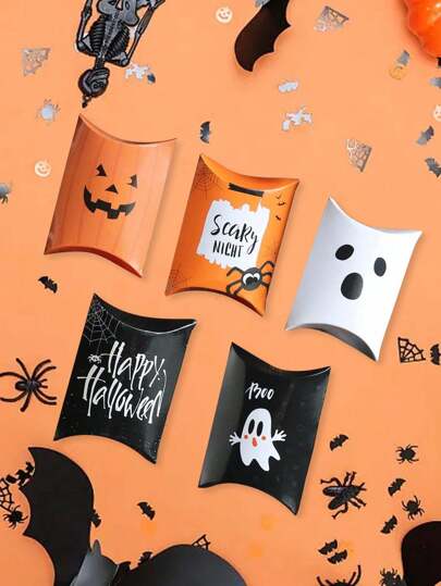 10pcs Halloween Pillow-Shaped Candy Boxes Gift Box, Trick Or Treat, Pumpkin Ghost Spider Pattern Design Halloween Decor Cookie Bags Gift Packing Box, Paper Gift Wrapping Supplies For Festive Party Favors Holiday Party Gifts