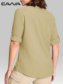 Cavva Women's Quick-Dry Water-Resistant Fishing Shirt Lightweight Breathable Mesh-Like Texture Slightly Loose Fit Convertible Roll-Up Sleeves 2 Hook-And-Loop Chest Pockets Rod Holder Patch Adjustable Button Cuffs Outdoor Hiking Casual - Khaki - View 2