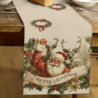 1 st 2D platt banderoll retro jultomten och renar bordsflagga - juldekoration med järnek, bär och snöflingor, elegant julduk lämplig för inomhus- och utomhusfester, glädjefylld juldesign