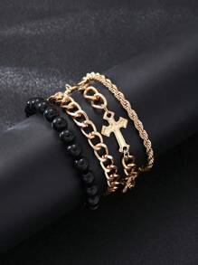 3pcs/4pcs/8pcs Set Men's Stainless Steel Cross & Cubic Zirconia Bracelet, Unisex Business Punk Style For Commute, Campus, Streetwear, Casual Outfit