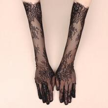 1 Pair Long Length Lace Gloves Thin Material Transparent Wedding Gloves Floral Pattern Sheer Fabric Bridal Gloves Night Club Autumn Accessories