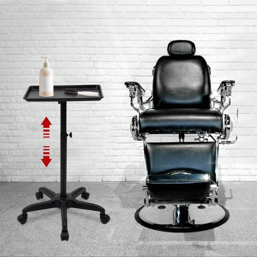 Carrello per parrucchiere in alluminio regolabile in altezza, nero, supporto per trattamenti girevole a 360° con vano porta-strumenti, design semplice senza telaio aggiuntivo, per la cura e lo styling dei capelli.