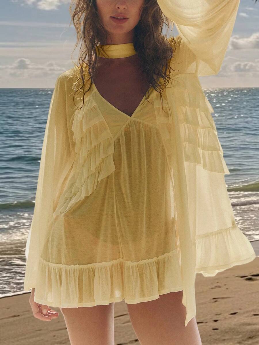 Womens Y2K Sheer Mesh Frill Shirt Tops Solid Color See Through Long Puff Sleeve V Neck Ruffle Hem Loose Fit T Shirts Blouses Boho Peplum Shawl Shirts With Scarf Set Fall Going Out Tops Beach Cover Up Vacation Streetwear - 黃色 - 查看 1