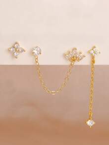 3PCS Stainless Steel Crown Chain Tassel Zirconia Hoop Earrings Flower Ear Stud Set For Women 18K Gold Plated Unique Earrings Cartilage Piercing Jewelry - Four Leaf Clover - View 4