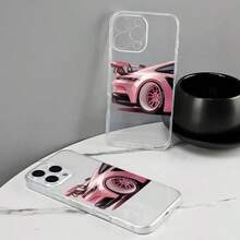 1pc Transparent Shell Lens Protection Pink Racing Car Pattern Anti-Fall Anti-Slip Soft Phone Case Cover Compatible With Apple 16/15/14/13/12/11 Pro Max/7/8 Plus, Galaxy And Other Models