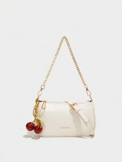 Nueva bolsa de baguette francesa de moda, hecha de material PU sólido y resistente al agua, decorada con colgante de cereza, estampado de letras y correa de cadena metálica, un distintivo bolso de hombro para damas, bolso para ir al trabajo, adecuado para compras, viajes y reuniones