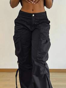 Y2K街头风翻盖口袋系带宽松休闲阔腿降落伞工装裤，秋季穿搭，万圣节女装