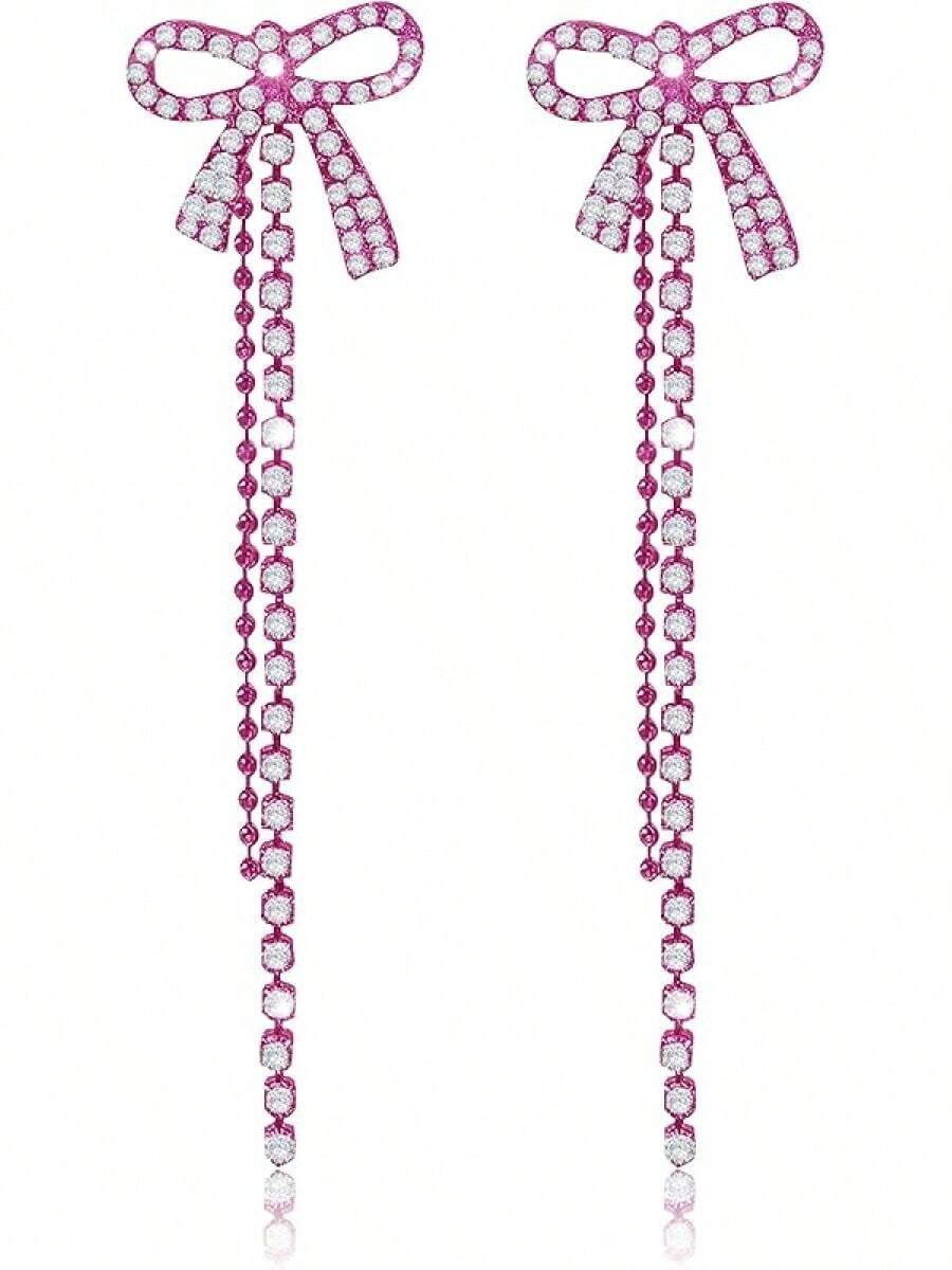 Bow Earrings For Women Sparkly Rhinestone Chain Tassel Earrings Cute Ribbon Stud Earring Daily Party Jewerly Gifts Christmas Stocking Stuffers - B3:紅色蝴蝶結耳環 - 查看 1