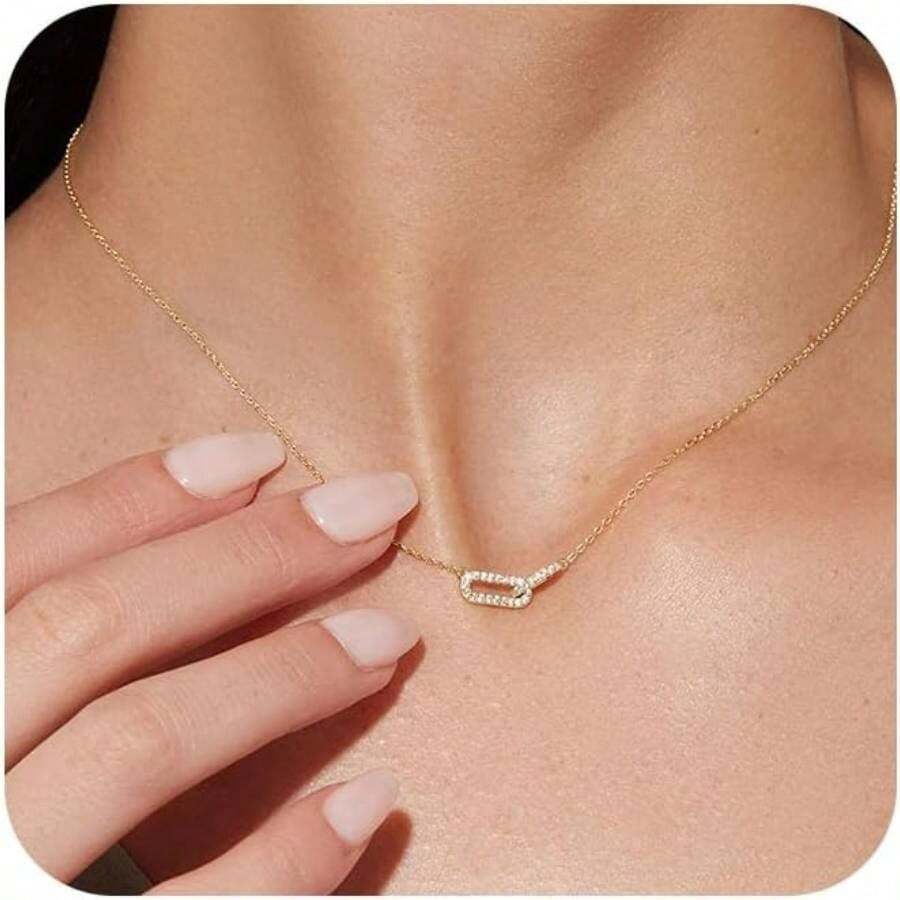 Gold Pendant Necklace For Women, Dainty Diamond Necklaces For Women Simple 14K Gold Plated Paperclip Choker Necklaces Cute Minimalist Open Oval Necklaces Gold Jewelry For Women Gifts - 黃金+CZ迴紋針-金色 - 查看 1