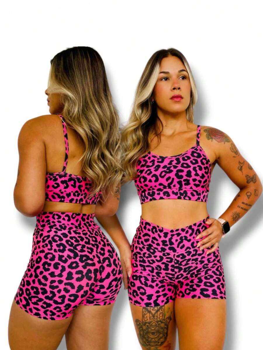 Fitness Set TOP AND SHORTS Short High Waist Gym - Pink - View 1