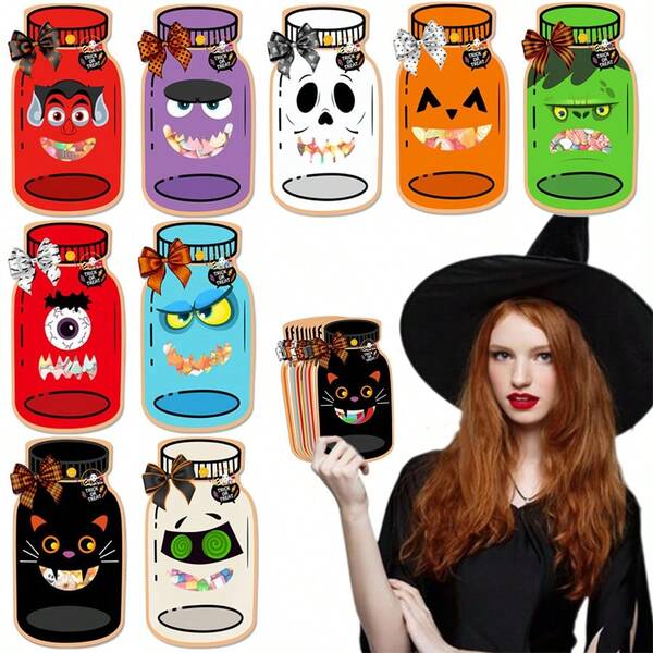 18pcs Halloween Mason Jar Candy Bags Set, 9 Styles Cute Funny Spooky Treat Exchange Cards, Chocolate, Cookies, Snacks, Classroom Rewards, Party Favors (Candies Not Included)