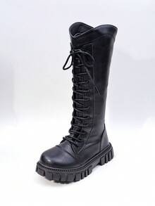 女童及膝靴，时尚系带厚底鞋，后拉链圆头，秋冬骑士靴新款 - 黑色 - 查看 3