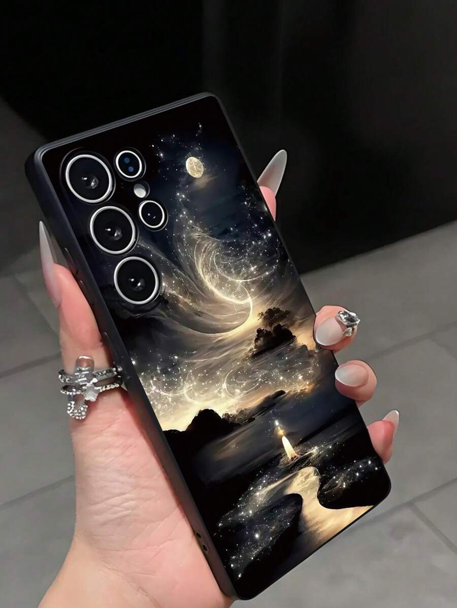 1 pieza Funda de teléfono a prueba de golpes y antideslizante con diseño brillante de aurora y luna compatible con Galaxy A04e/A05s/A13/A14/A15/A34/A35/A50/A52/A53/A54/S21/S22/S23/S24/S25/S25Ultra