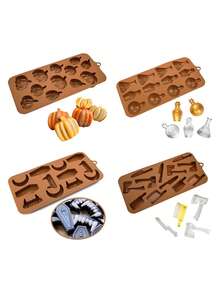 一套 4 个万圣节耐热硅胶模具，包括南瓜瓶和主题形状；这些模具柔软且易于拆卸；适用于塑造南瓜、瓶子、斧头、月亮、棺材、刀子等；非常适合万圣节烘焙、万圣节食品模具和万圣节派对用品。 - 彩色 - 查看 10