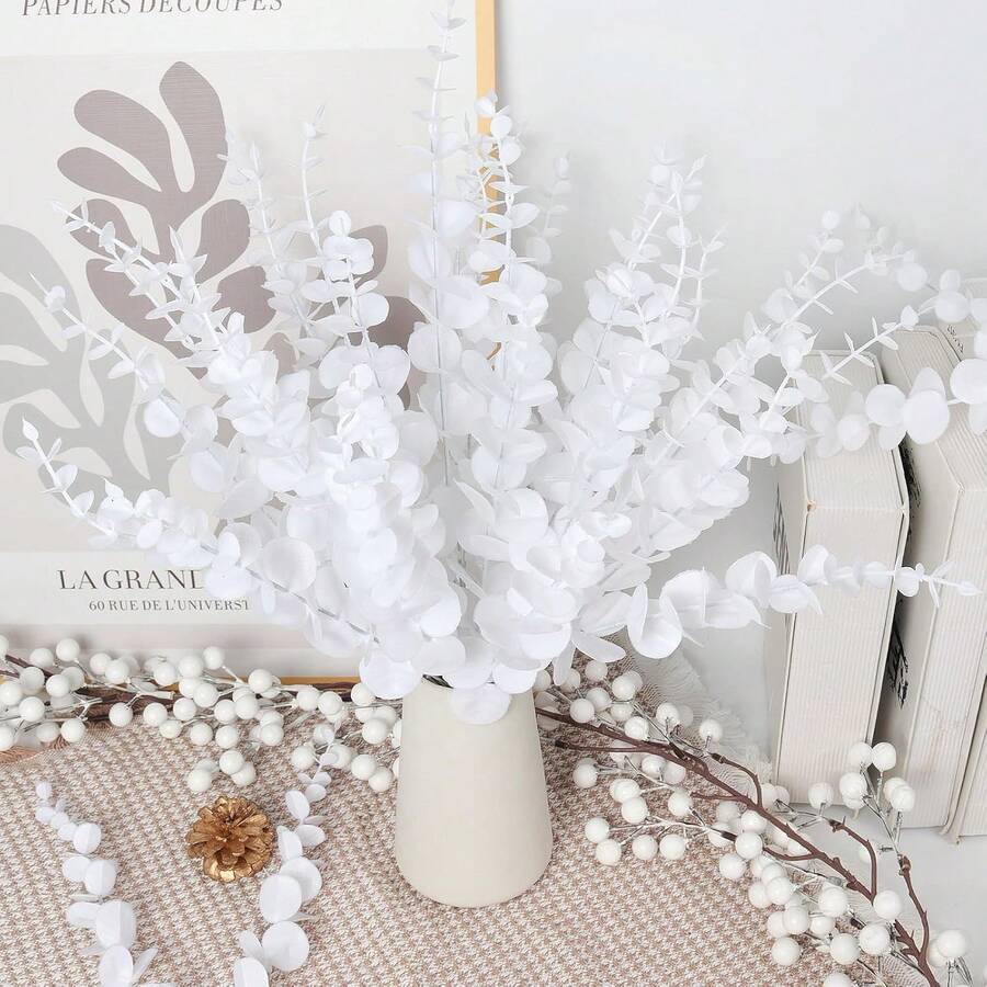 1/6/12/21/30/50/100pcs Artificial Eucalyptus Branches, Eucalyptus Decor, Fake Green Twigs, Green Decorative Artificial Flowers, Suitable For Home And Office, Artificial Flower Bouquet Centerpiece, Wedding Decoration - White-long - View 1