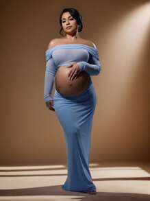 JustVH 孕妇露肩优雅褶饰网眼长裙，适合宝宝派对拍摄