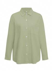 Look Polly 女士春夏纯色棉质衬衫休闲简约单排扣开衫长袖上衣，适合日常海滩度假穿着 - 軍綠色 - 查看 3