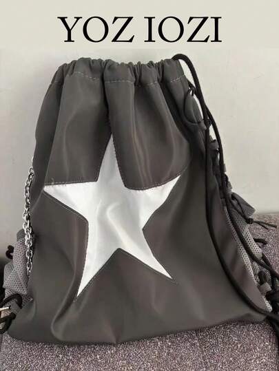 Y2K Cute Girly Star Design Backpack For Female Students, Back To School Drawstring Versatile Durable Bookbag Suitable For College & High School