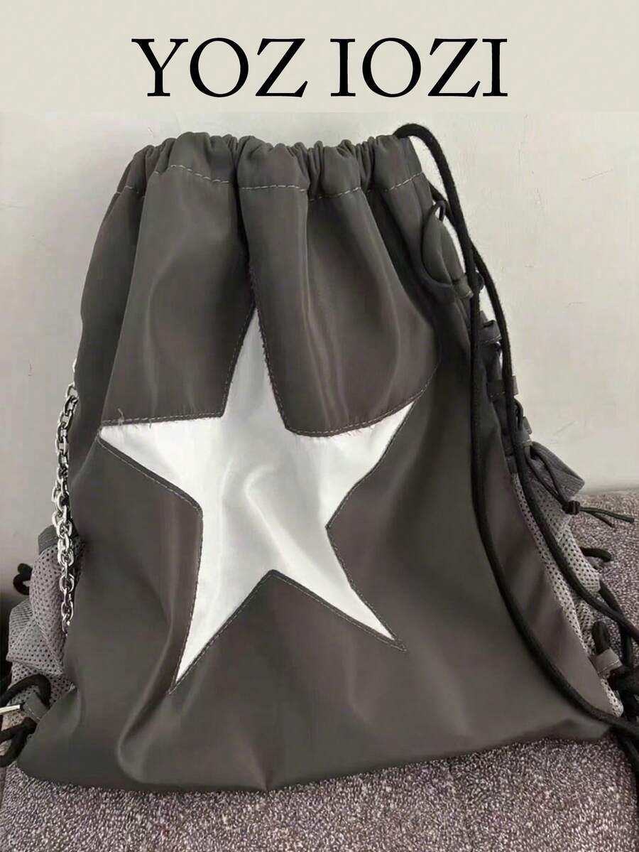 Y2K Cute Girly Star Design Backpack For Female Students, Back To School Drawstring Versatile Durable Bookbag Suitable For College & High School - Grey - View 1