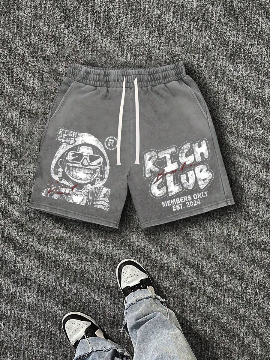 290g Washed, Rich Club Printed Shorts, High Quality Batik Cotton Men's Shorts, Suitable For Daily Wear, Adjustable Drawstring Waist, Elastic Belt And Pocket, Holiday Gifts, Men's Wear. - 深灰色 - 查看 1