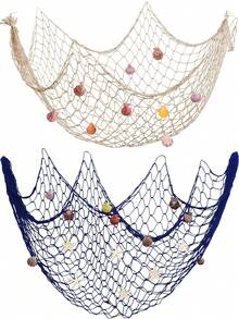 1 tấm trang trí tường hình lưới đánh cá màu be/xanh dương kích thước 79"x39" kèm vỏ sò, thích hợp cho tiệc theo chủ đề dưới nước/bãi biển/đại dương/cướp biển, trang trí phòng tắm, trần nhà, mặt bàn. - Nhiều màu - Xem 1