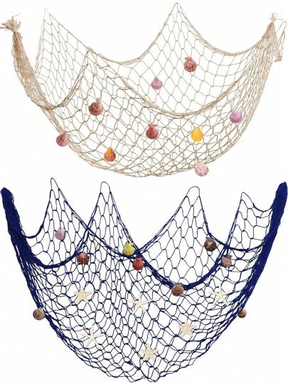 1 件 79 英寸 x 39 英寸 米色/蓝色渔网墙饰，带贝壳装饰，适用于水下/海滩/海洋/海盗主题派对、浴室、天花板、桌面装饰