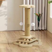 Sisal Cat Scratching Post - 4 In 1 Wooden Cat Scratcher Toy Scratch Post, Scratcher Post With Cat Turntable For Indoor Cats - Beige - View 8
